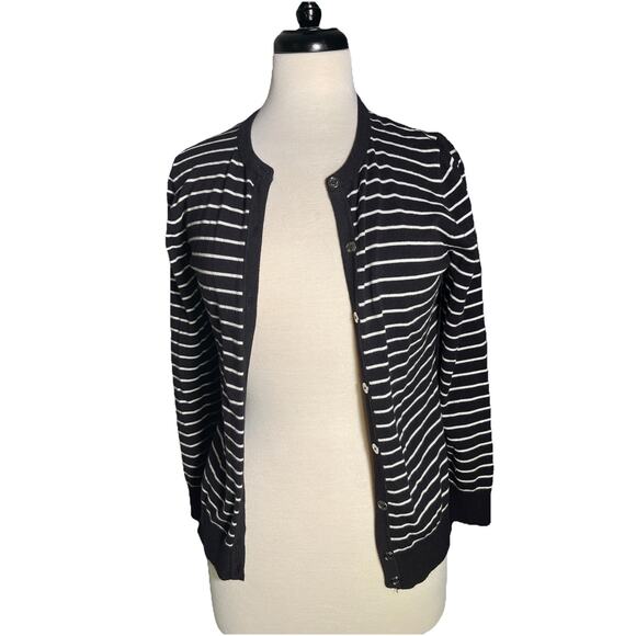 “JONES NEW YORK” Women’s Cardigan Sweater-Size Small Black with White Stripes - Picture 1 of 3